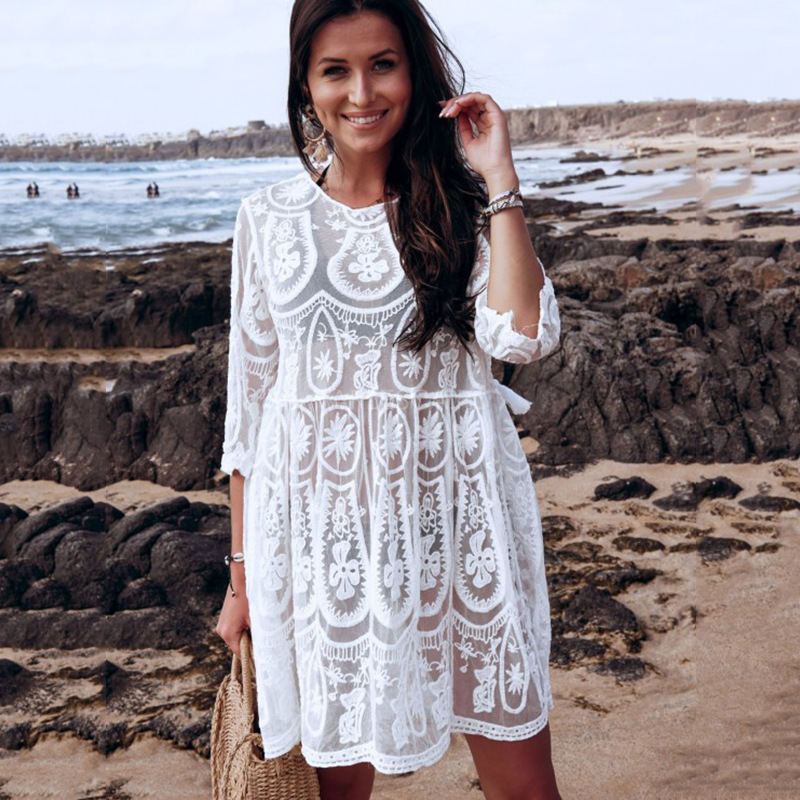 European and American Sexy Lace Embroidery Hollow Beach Women's Backless Casual Vacation Bikini Sunscreen Blouse