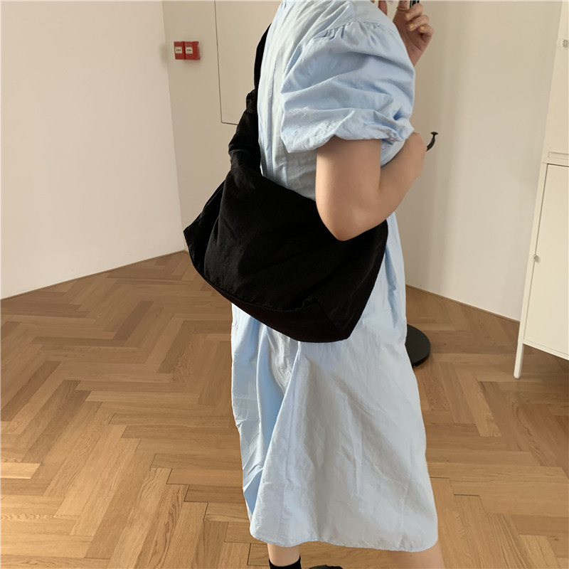 Canvas Bag Women's Korean-style Single-shoulder Pleated Drawstring Canvas Bag Small Fresh Artistic Solid Color Portable Crossbody Casual Women's Bag_voghion.com