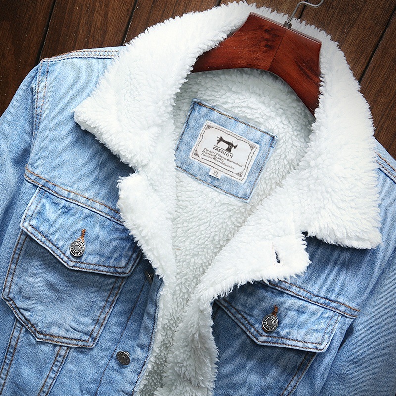 Cross-border foreign trade wholesale autumn and winter men's velvet jacket large size trend washed warm jeans lamb wool coat