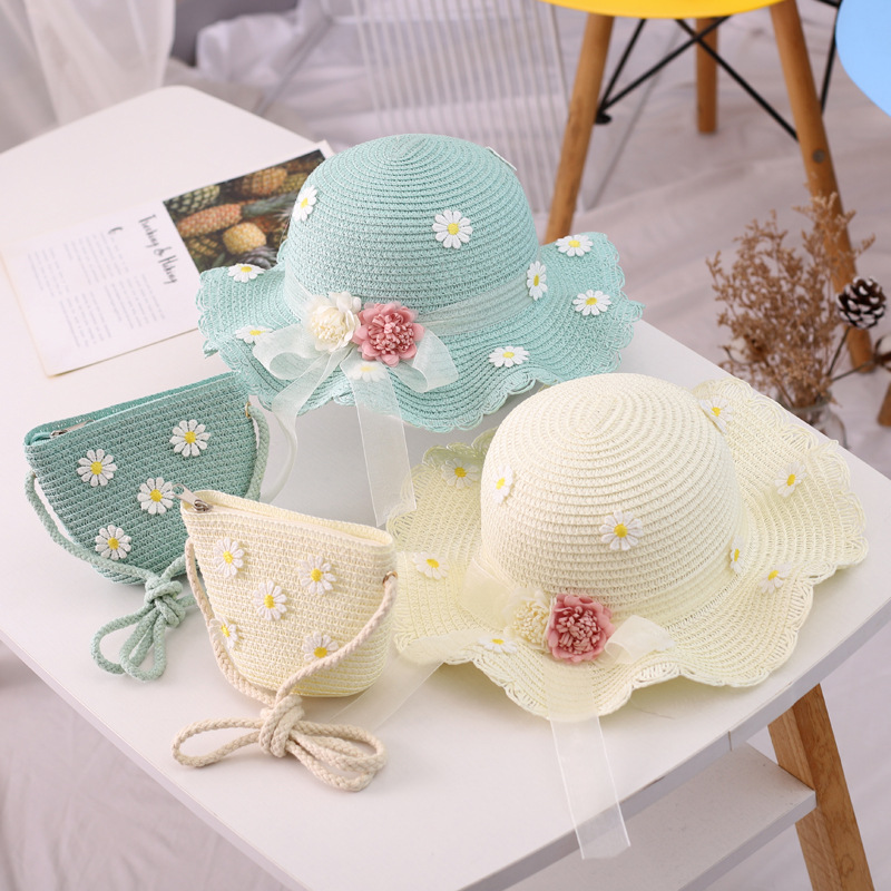 Chapeau de paille pour fille, chapeau d'été en ruban de paille, chapeau pare-soleil à fleurs, chapeau de pêcheur, ensemble de sacs de protection solaire parent-enfant_voghion.com