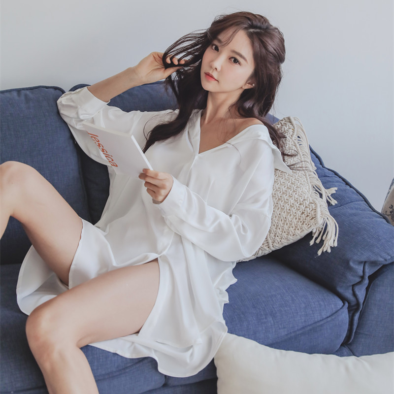 Spring and Summer oversize style pajamas Women's Ice Silk home wear can be worn outside long sleeve sexy boyfriend style shirt nightdress