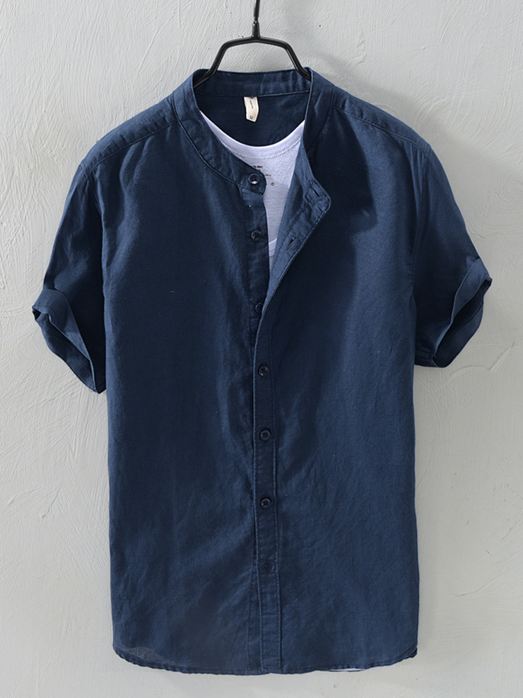 2020 new European and American ebay popular cotton and linen short-sleeved men's solid color stand collar single-breasted casual shirt men's clothing
