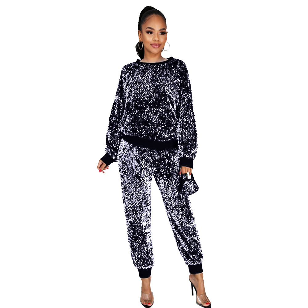 8761 European and American Amazon cross-border autumn and winter New Home sequined party long-sleeved pencil pants two-piece set with mask