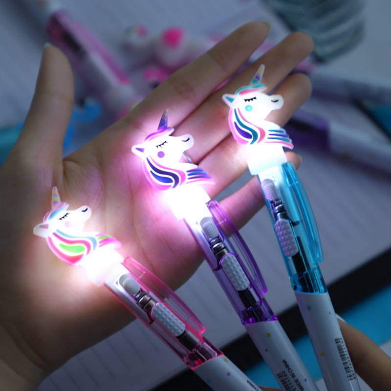 Creative Cartoon Unicorn Light Pen Cute Luminous Ballpoint Pen Student Stationery 0.5mm Writing Learning Supplies