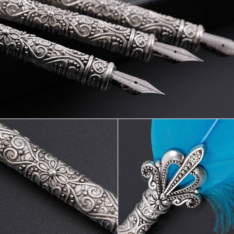 Vintage feather pen set diagonal pen insert ink carving set feather pen European style vintage calligraphy dip pen