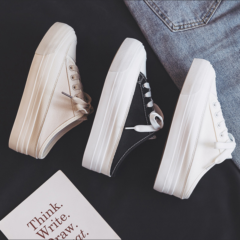 2023 Summer Breathable Height-increasing Half-tow Board Shoes Platform-soled Canvas Shoes Women's White Shoes Heel-free 1286