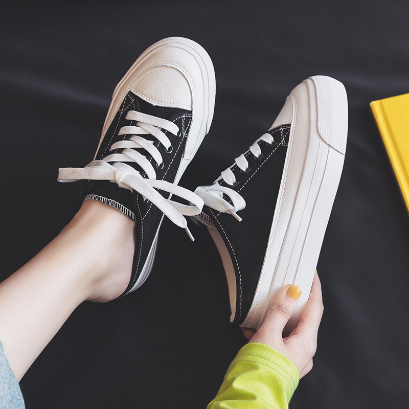 2023 Summer Breathable Height-increasing Half-tow Board Shoes Platform-soled Canvas Shoes Women's White Shoes Heel-free 1286