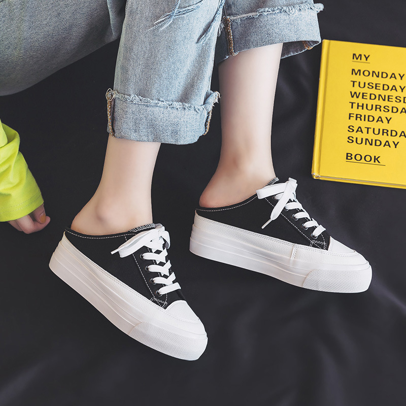 2023 Summer Breathable Height-increasing Half-tow Board Shoes Platform-soled Canvas Shoes Women's White Shoes Heel-free 1286