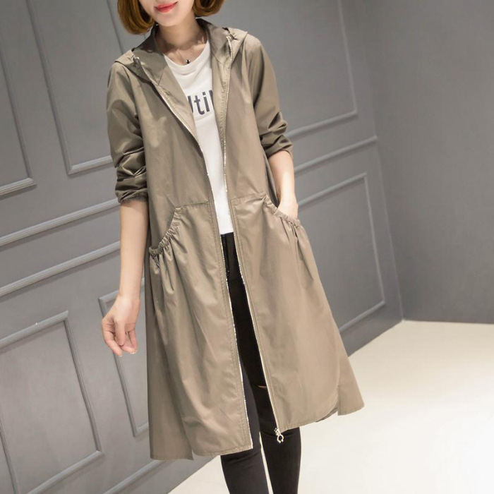 2023 New Korean Style Hooded Mid-length Over-the-knee Thin Women's Coat Loose Large Size Coat