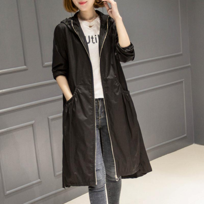 2023 New Korean Style Hooded Mid-length Over-the-knee Thin Women's Coat Loose Large Size Coat
