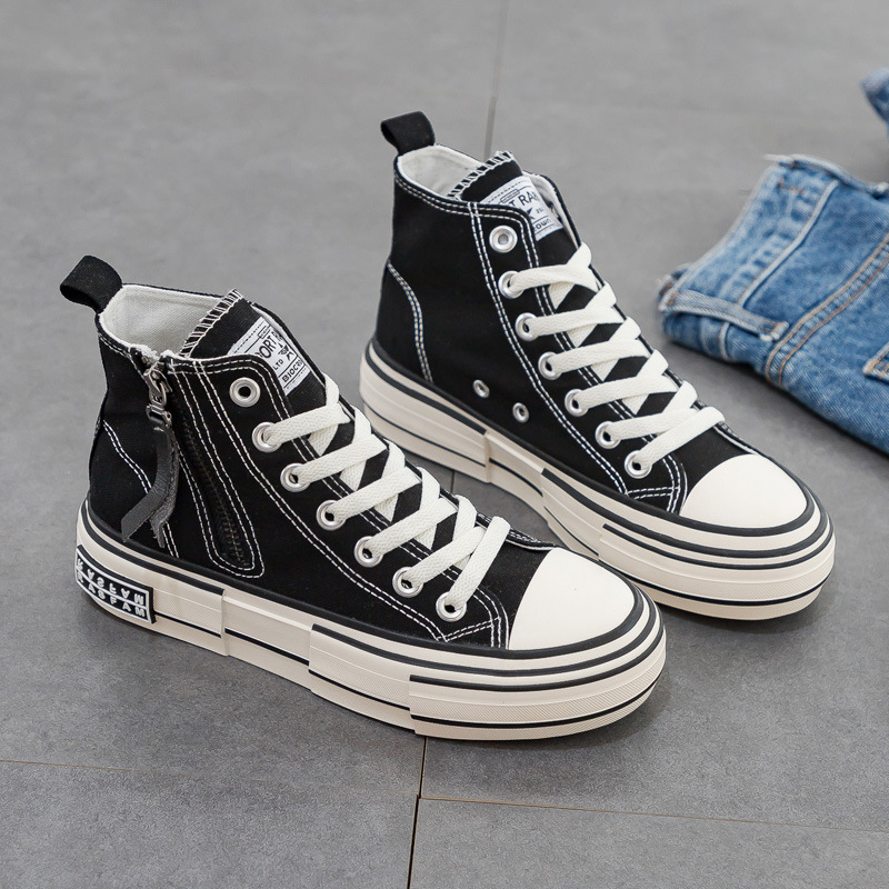 Autumn 2020 New Korean Style Side Zipper Black Shoes Female Student White Casual Shoes Board Shoes Thick Sole Women's Shoes