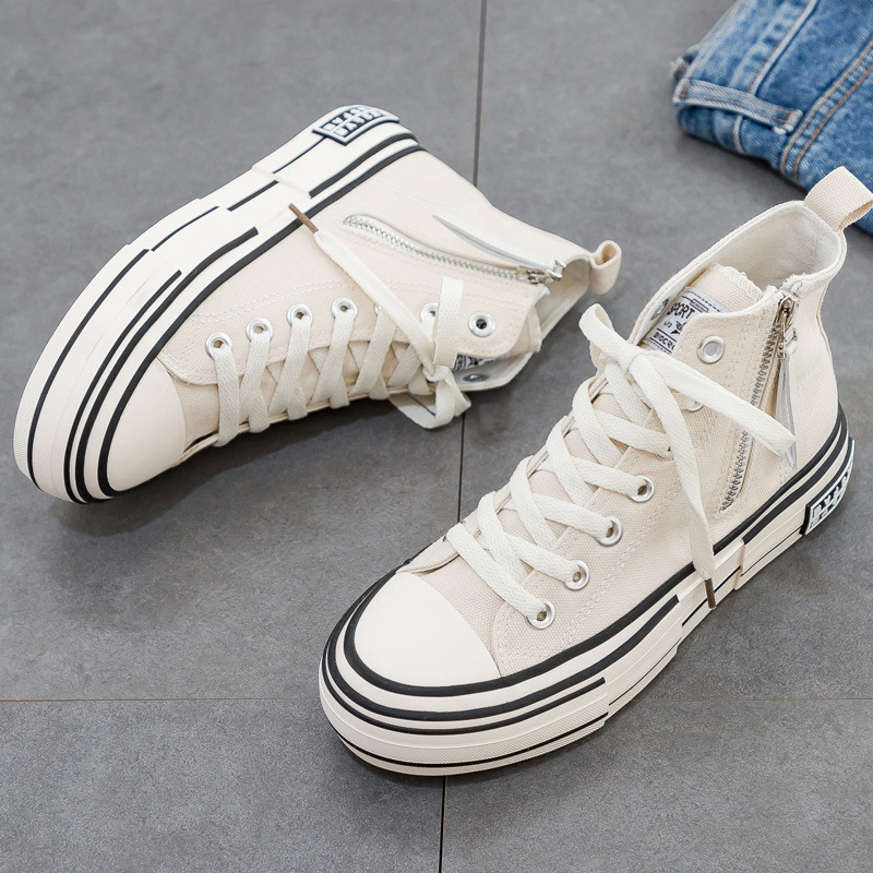 Autumn 2020 New Korean Style Side Zipper Black Shoes Female Student White Casual Shoes Board Shoes Thick Sole Women's Shoes