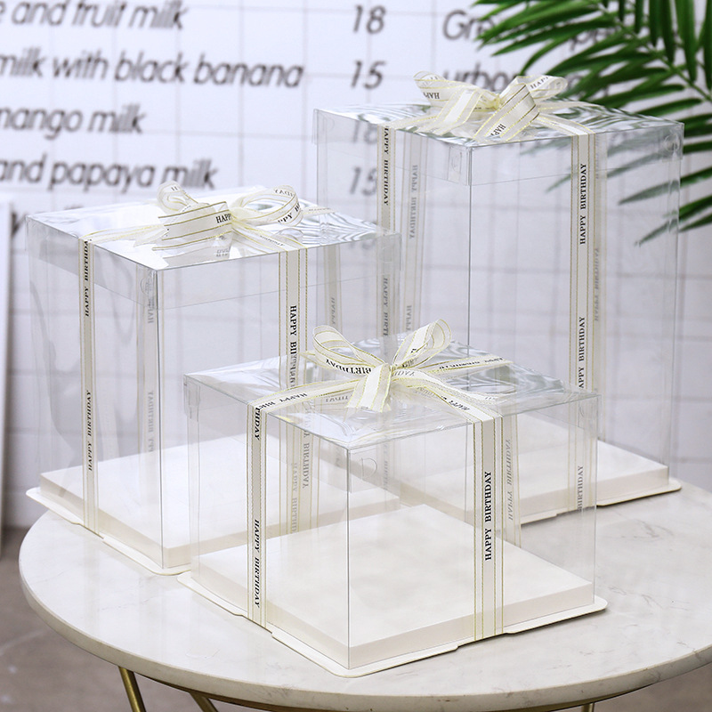 Factory production wholesale fully transparent cake box PET double-layer heightened three-in-one portable birthday cake box