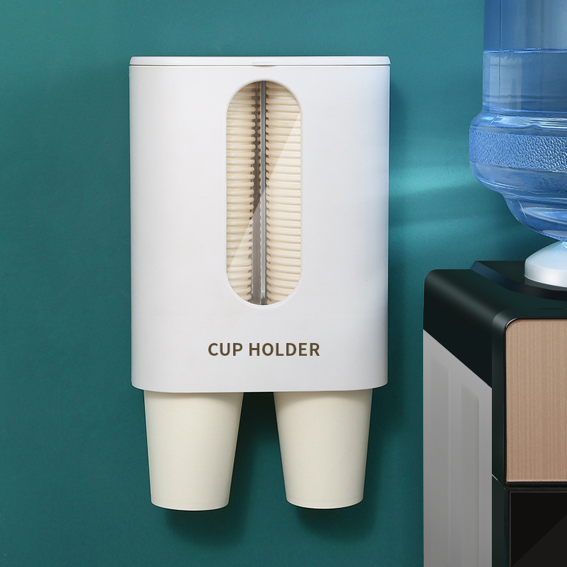 F406 Household Cup Ticker Disposable Cup Holder Water Dispenser Dust-proof Water Cup Holder Wall-mounted Double-tube Paper Cup Storage Rack