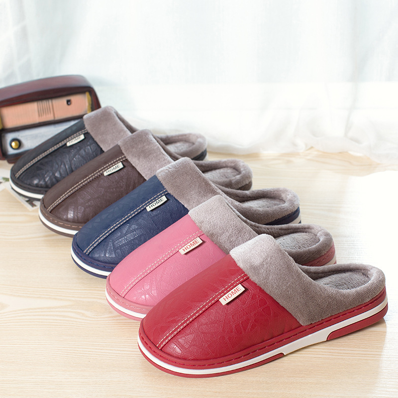 35-51 size household cotton slippers women PU leather winter wool plush warm slippers men's plus size foreign trade generation