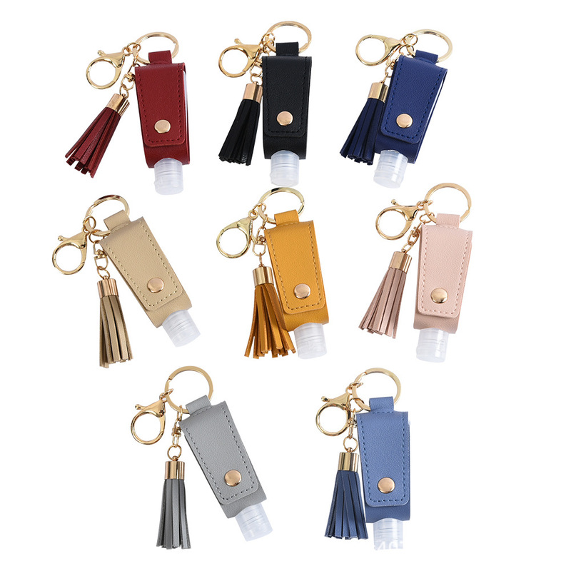 フリンジ無料手洗い液皮カバーキーホルダー携帯消毒水pu皮カバーキーホルダーメーカー卸売り|undefined