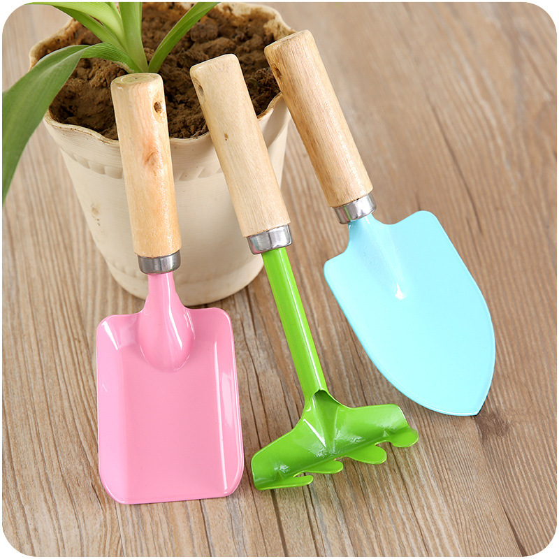 A796 Home Gardening Tools Mini Wooden Handle Small Shovel Rake Three-piece Set Flower Planting Potted Small Flower Shovel