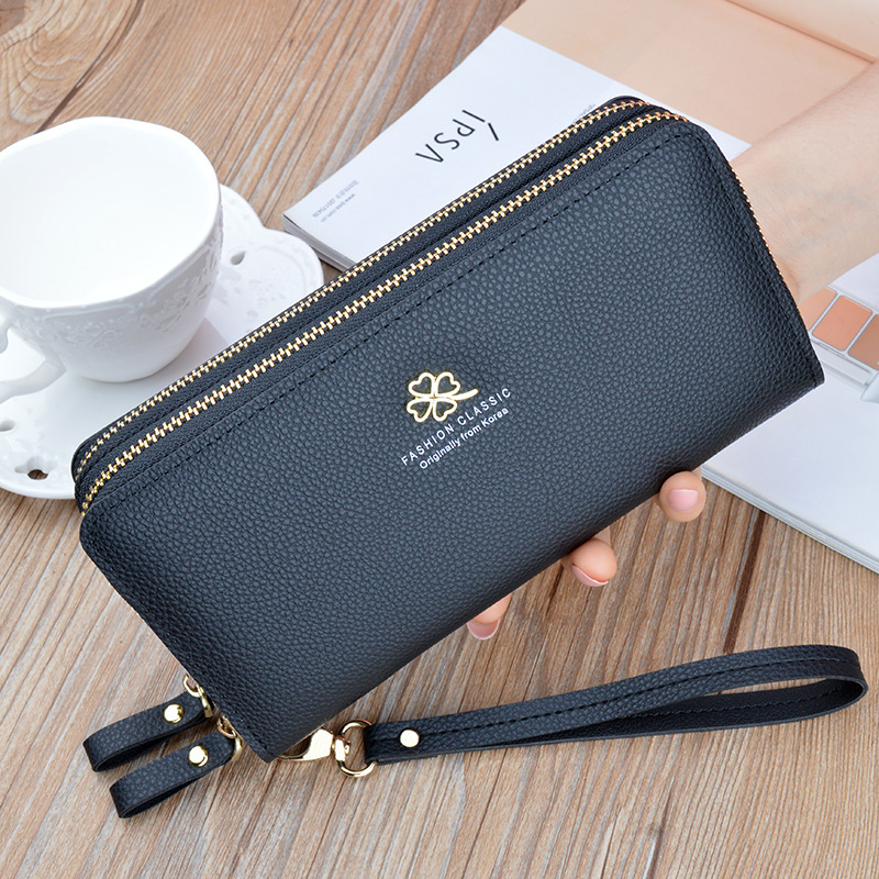 New Women's Wallet Women's Long Double Zipper Clutch Bag Fashionable Litchi Pattern Large Capacity Double Wallet Mobile Phone Bag