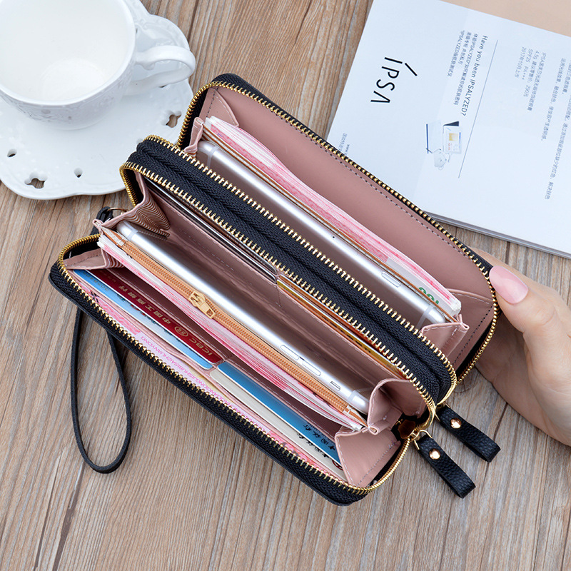 New Women's Wallet Women's Long Double Zipper Clutch Bag Fashionable Litchi Pattern Large Capacity Double Wallet Mobile Phone Bag