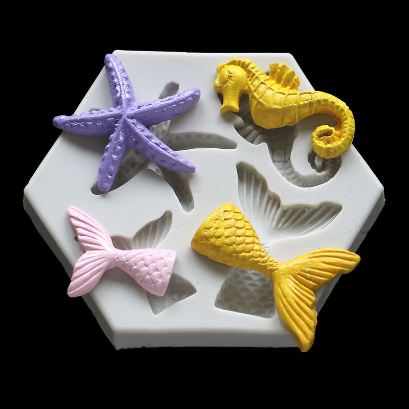 New style Ocean series DIY baking big and small fish tail starfish seahorse liquid silicone mold sugar mold decoration