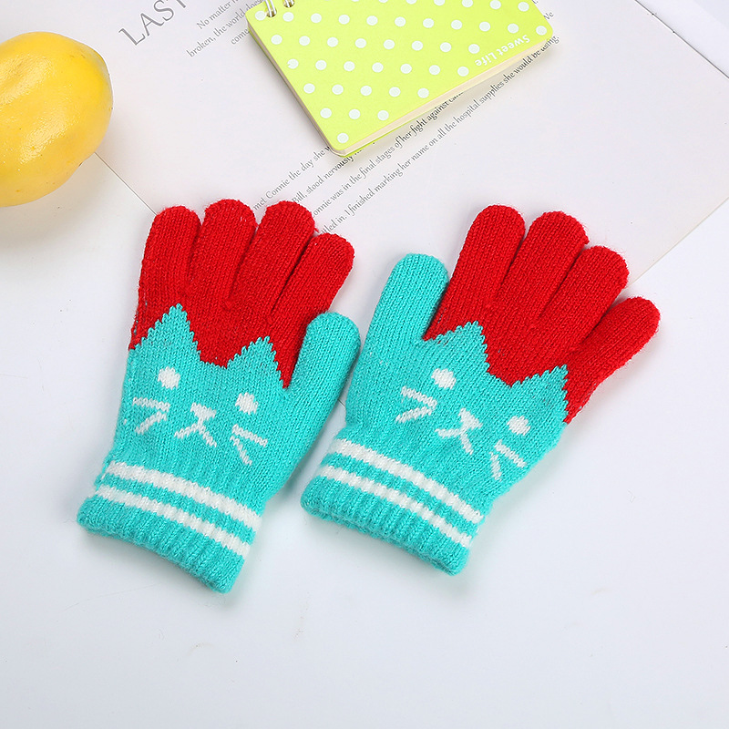 Winter boys and girls students and children cute cat plus velvet padded warm knitted cashmere gloves factory wholesale