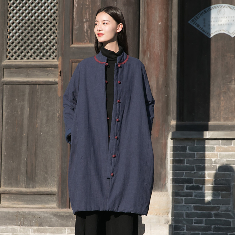 2023 Winter Neue Vintage Chinesischen Stil Vertikale Kragen Chinesischen Stil Kontrast Farbe Platte Schnalle Mittellange Baumwolle gefütterte Jacke Leinen Lose Baumwolle-pad_voghion.com