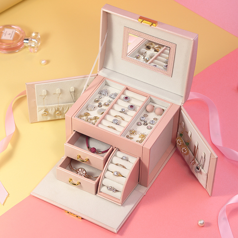 首飾盒手飾品戒指耳環項鍊大容量帶鏡子收納盒子jewelry box跨境