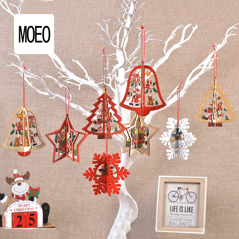 Supplied by the manufacturer: Christmas decoration wooden laser cut hollow 3D snowflake hanging ornaments Christmas tree bell hanging gifts
