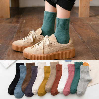 Spring and Autumn Pure Cotton Mid-length Socks Women's Solid Color Vintage Warm New Style Socks Candy Color Women's Casual Long Roof Socks