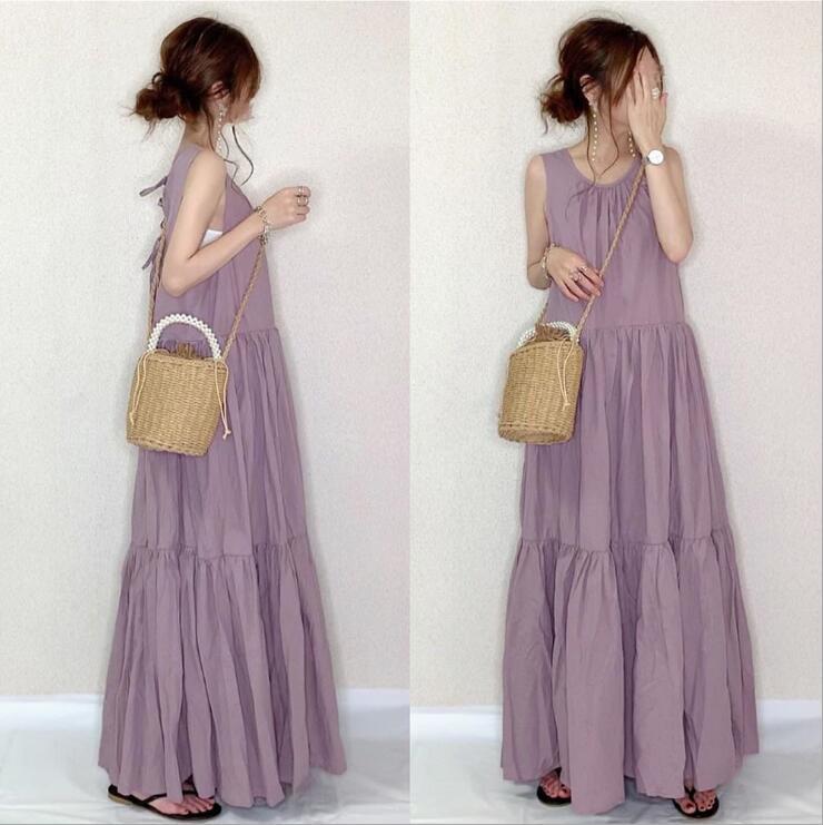 Dress 2023 New Japanese and Korean Women's Small Clear Long Dress Sleeveless Stitching Slim Lace-Up Dress in Stock