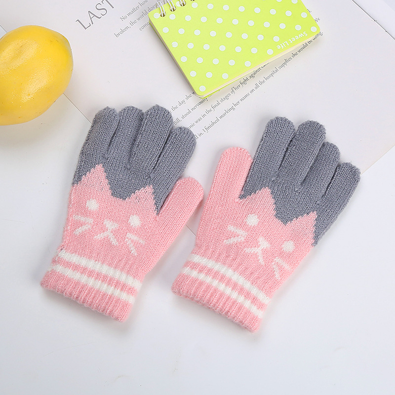 Winter boys and girls students and children cute cat plus velvet padded warm knitted cashmere gloves factory wholesale