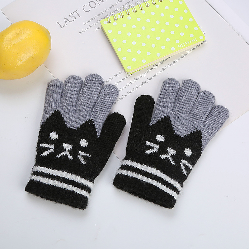 Winter boys and girls students and children cute cat plus velvet padded warm knitted cashmere gloves factory wholesale