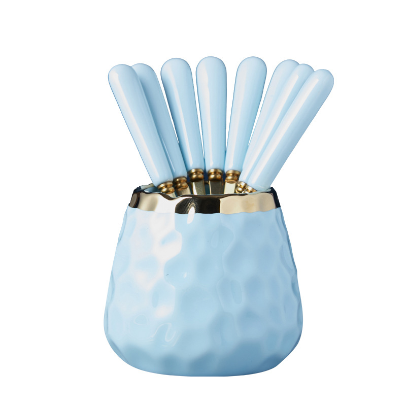 Simple fruit fork spoon hammer pattern ceramic storage jar suit household stainless steel fruit stick dessert fork wholesale