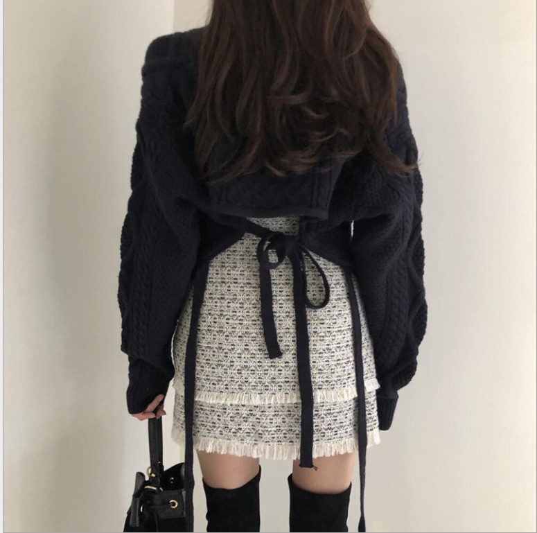 Autumn and Winter New Korean Style chic Stylish Vintage Nimble Pattern Back Strap Japanese Style Lazy Style Knitted Sweater for Women