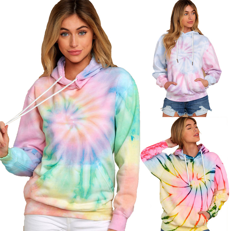 AliExpress Wish Europe and the United States cross-border autumn and winter new women's clothing tie-dyed hooded sports loose top