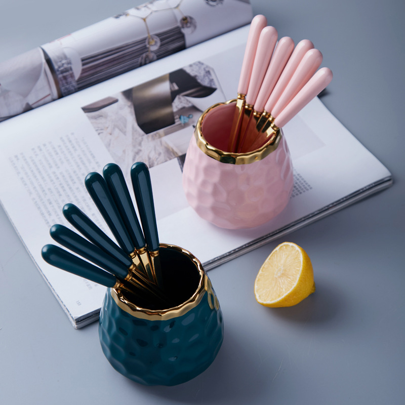 Simple fruit fork spoon hammer pattern ceramic storage jar suit household stainless steel fruit stick dessert fork wholesale