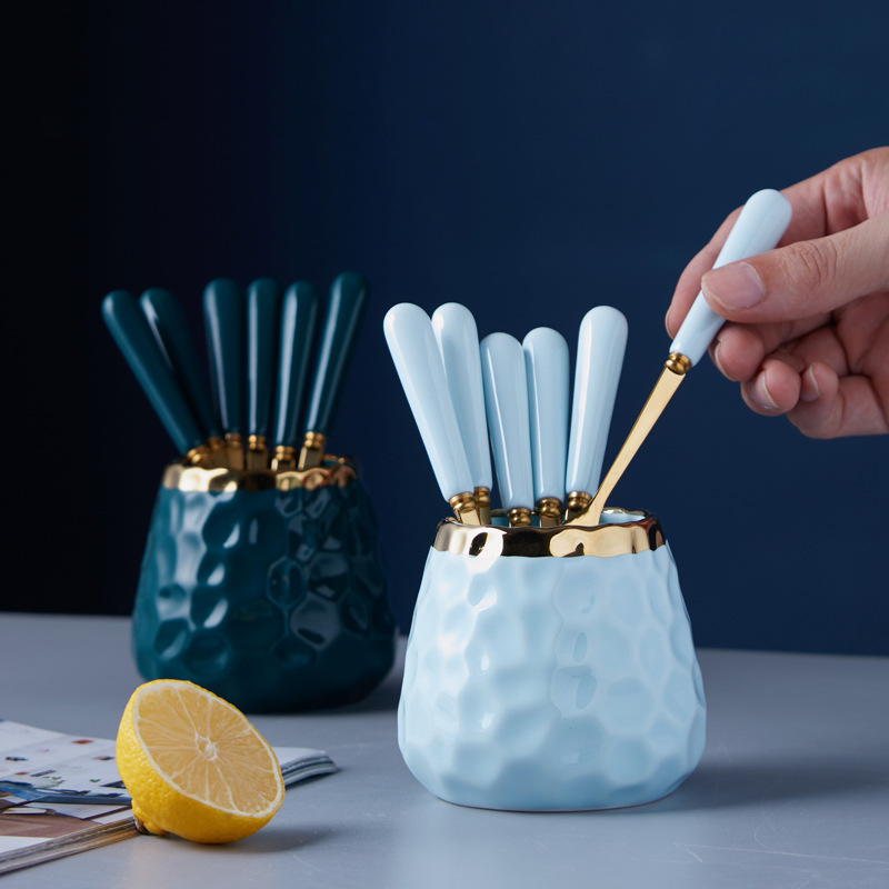 Simple fruit fork spoon hammer pattern ceramic storage jar suit household stainless steel fruit stick dessert fork wholesale