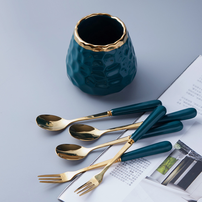 Simple fruit fork spoon hammer pattern ceramic storage jar suit household stainless steel fruit stick dessert fork wholesale
