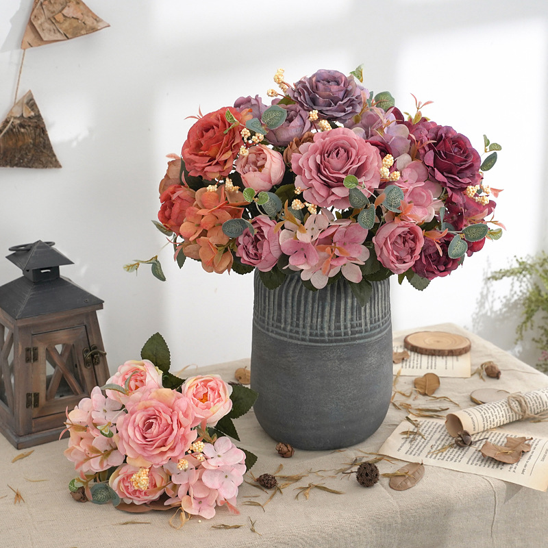 European-style retro hydrangea peony bouquet hibiscus rose artificial flower home wedding decoration fake flower flower arrangement
