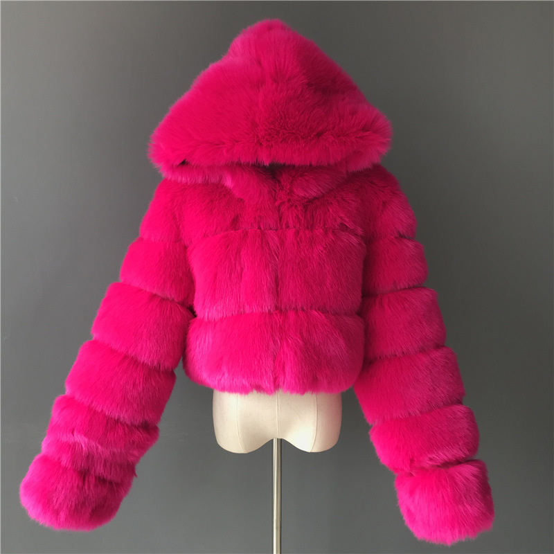 Cross-border European and American fur coat short hooded imitation fur coat imitation fox fur long sleeve stitching women's coat spot