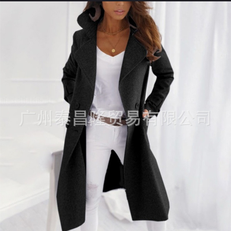 2021 Europe and the United States Amazon new wish explosions solid color lapel long woolen trench coat coat women's coat