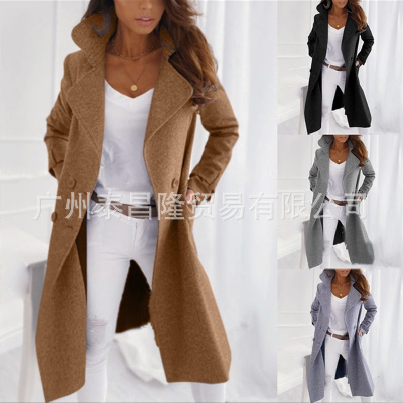 2021 Europe and the United States Amazon new wish explosions solid color lapel long woolen trench coat coat women's coat