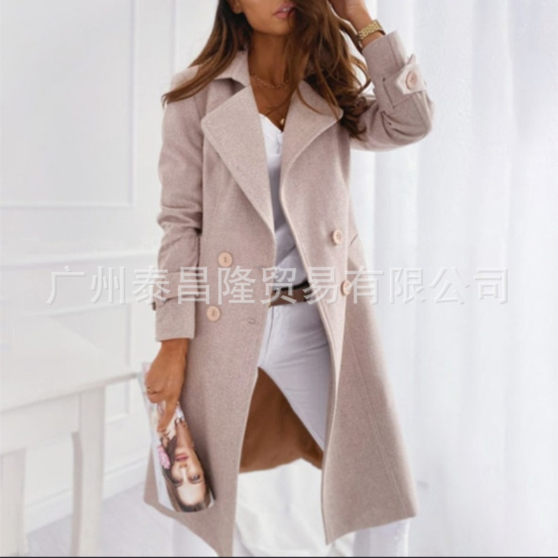 2021 Europe and the United States Amazon new wish explosions solid color lapel long woolen trench coat coat women's coat