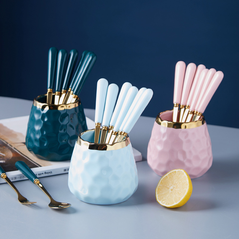 Simple fruit fork spoon hammer pattern ceramic storage jar suit household stainless steel fruit stick dessert fork wholesale