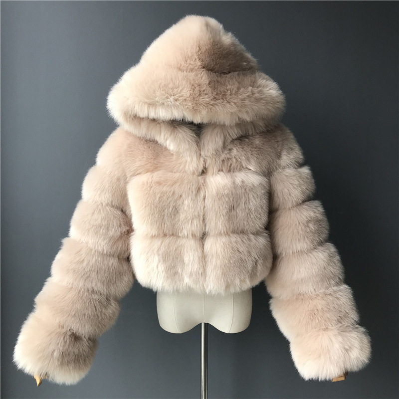 Cross-border European and American fur coat short hooded imitation fur coat imitation fox fur long sleeve stitching women's coat spot