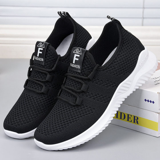 Women's Shoes Cross-Border Large Size Temu Women's Shoes Women's Casual Shoes Breathable Fly-Knit Flats Versatile Pure Color Sports Shoes for Women