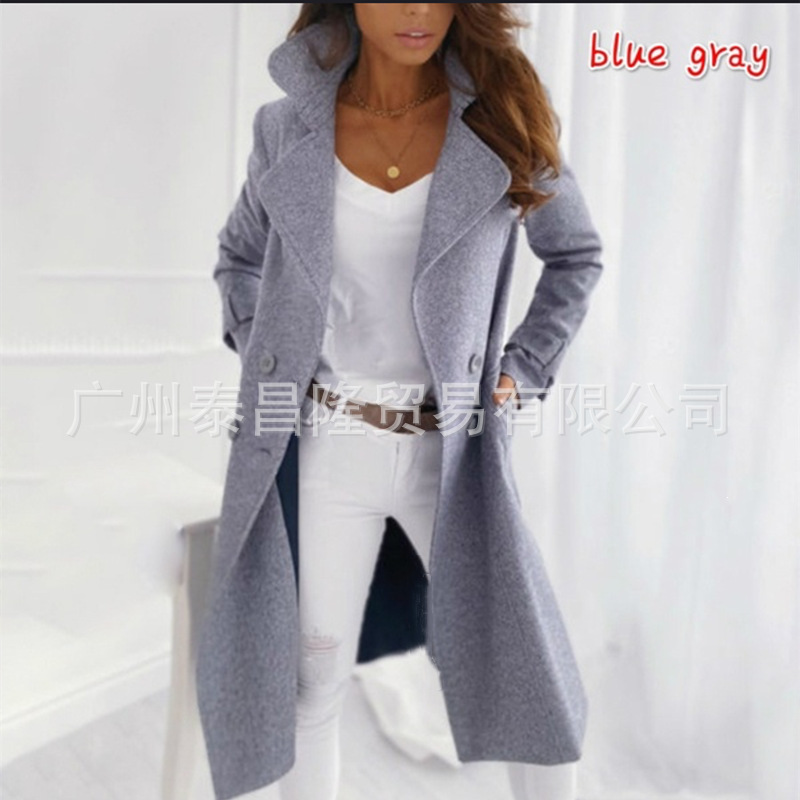 2021 Europe and the United States Amazon new wish explosions solid color lapel long woolen trench coat coat women's coat