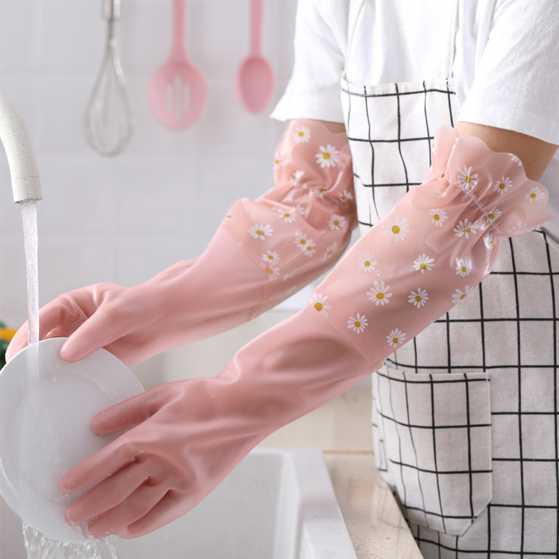 Thickened Rubber Latex Washing Clothes Waterproof Plastic Rubber Household Durable Washing Bowl and Velvet Women's Kitchen Washing Gloves