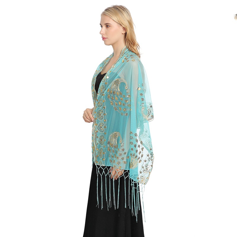 Amazon Hot Sale Sequins Shawl Peacock Embroidered Sequins Tassel Shawl Party Banquet Evening Dress Shawl
