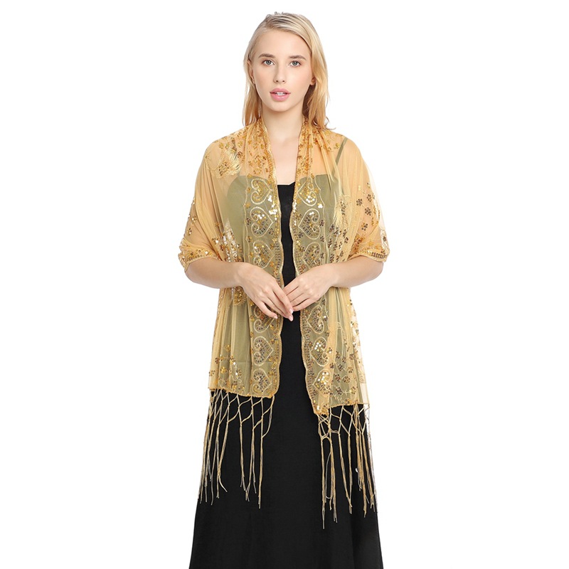 Amazon Hot Sale Sequins Shawl Peacock Embroidered Sequins Tassel Shawl Party Banquet Evening Dress Shawl